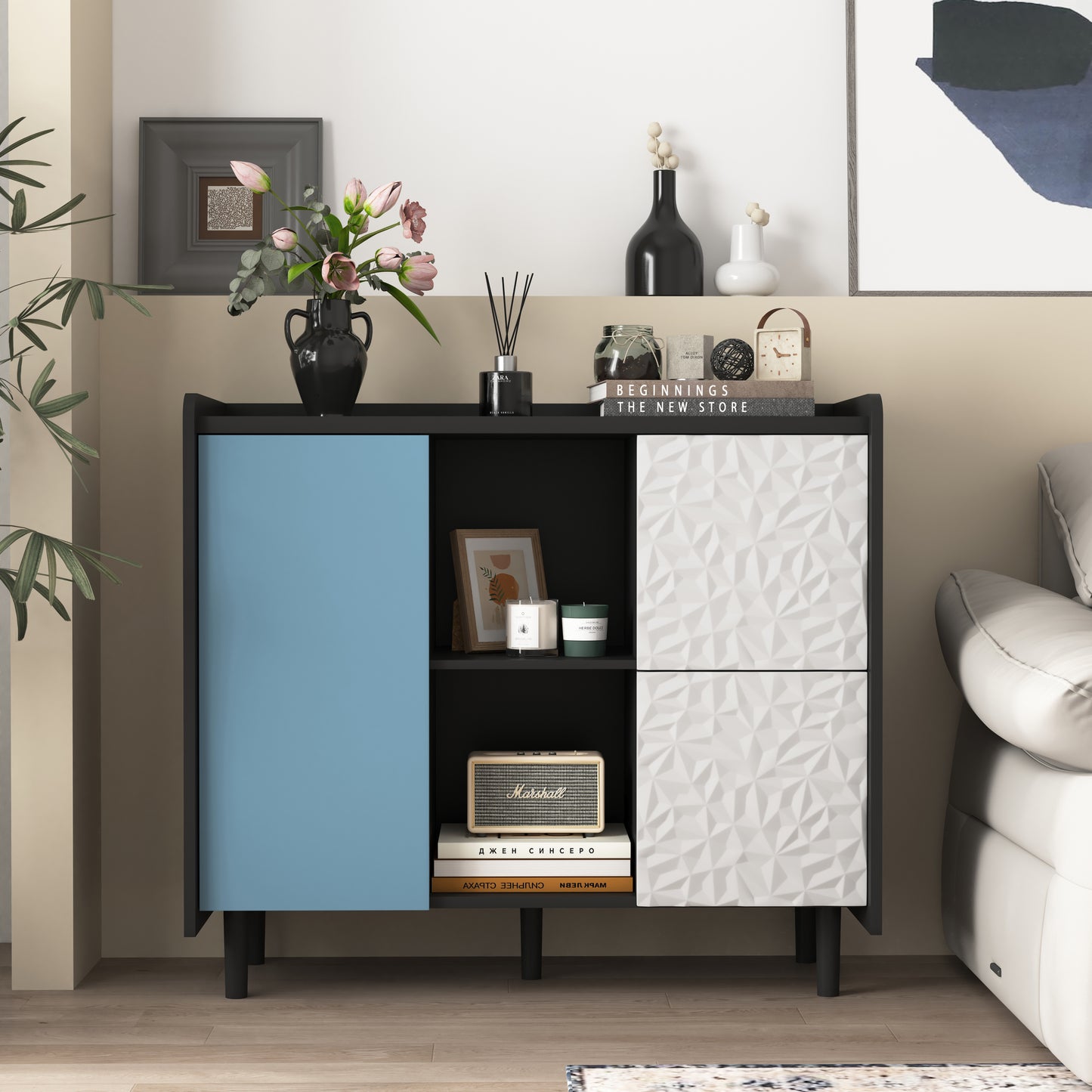Sideboard Buffet Cabinet, Black Storage Cabinet With Red Doors , 2 Drawers With Unique Panel Styling And 2 Open Storage Compartment, Modern Coffee Bar Cabinet Accent Cabinet For Kitchen, Dining Room,